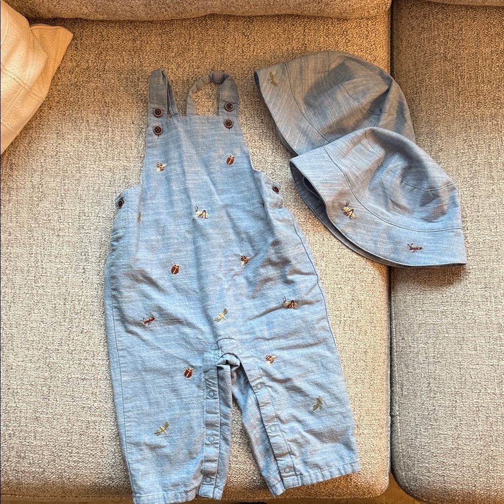 Janie and Jack Bug Friends Overalls 6-12mo with Bucket Hats 6-18mo